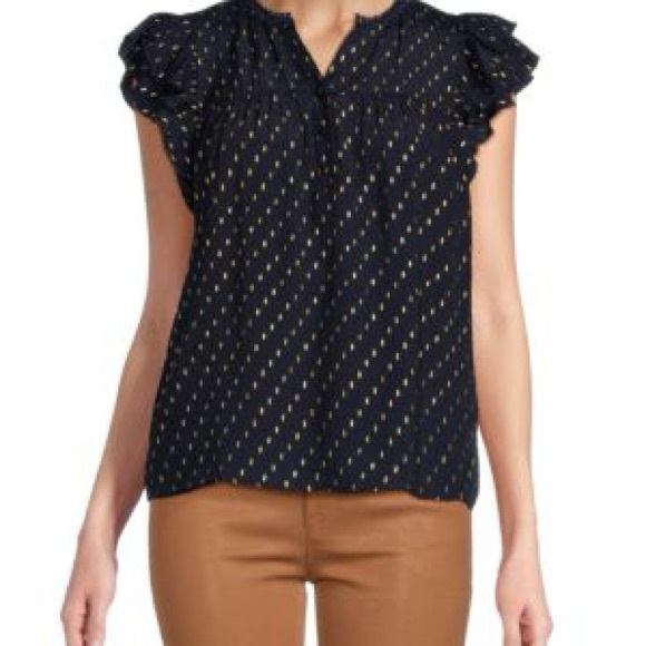 Nanette Lepore Tops - Nanette Lepore Navy Blue and Gold Ruffled Split Neck Collar Blouse Size Small
